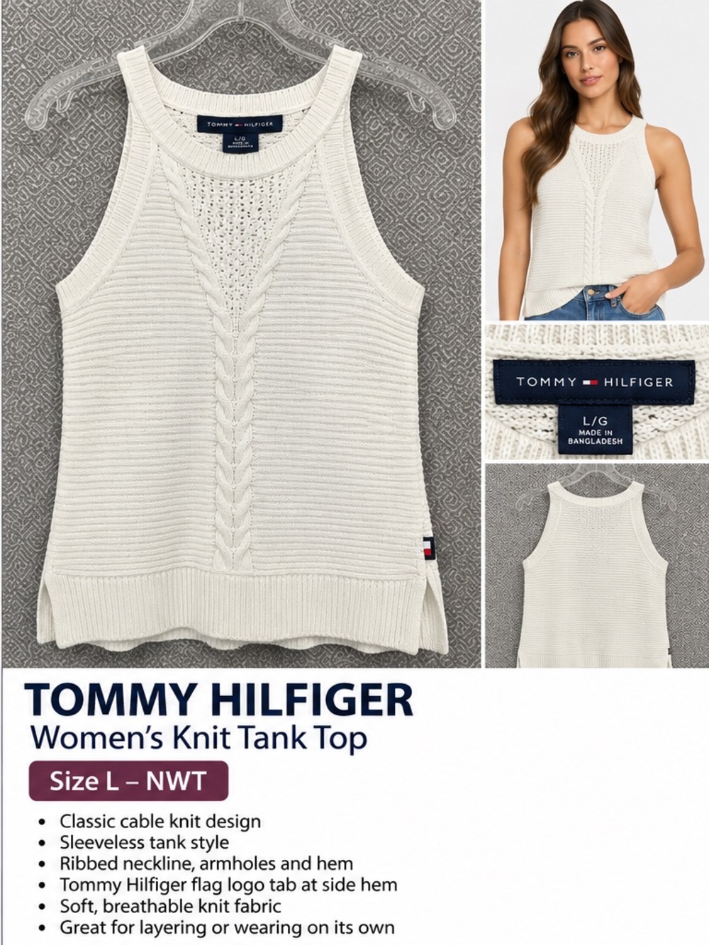 Tommy Hilfiger Women's White Knit Cable-Front Tank Top